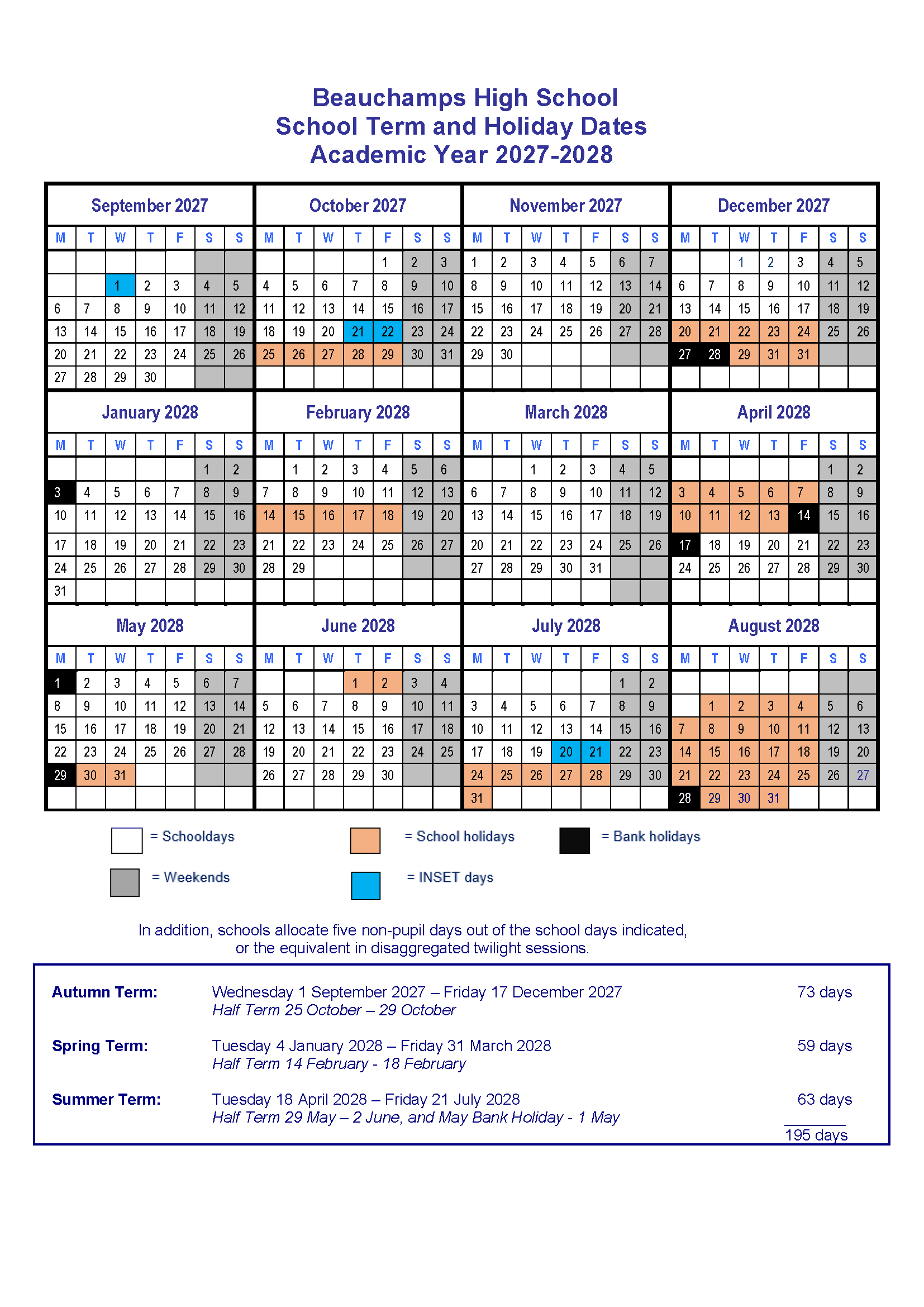 School Term Dates 2027 2028 INSET days